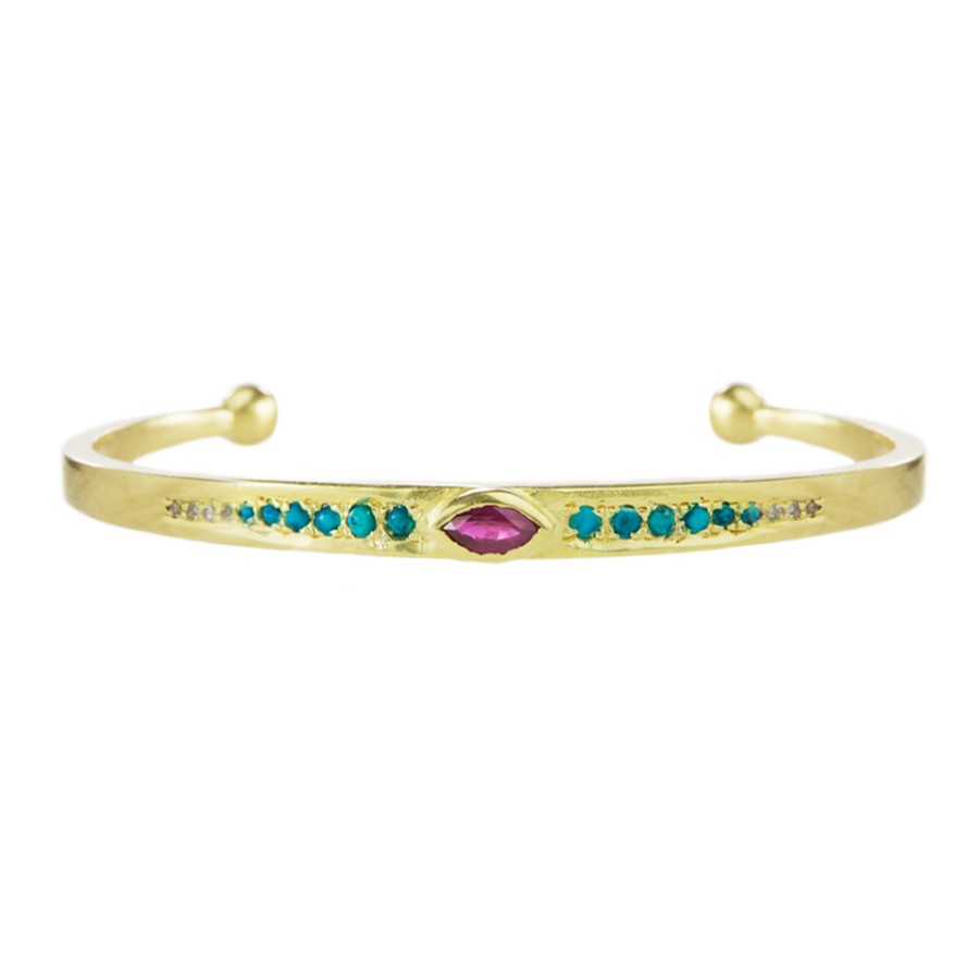 Bracelets Tomfoolery London | Ruby, Turquiose & Diamond 24Ct Gold Plated Silver Cuff