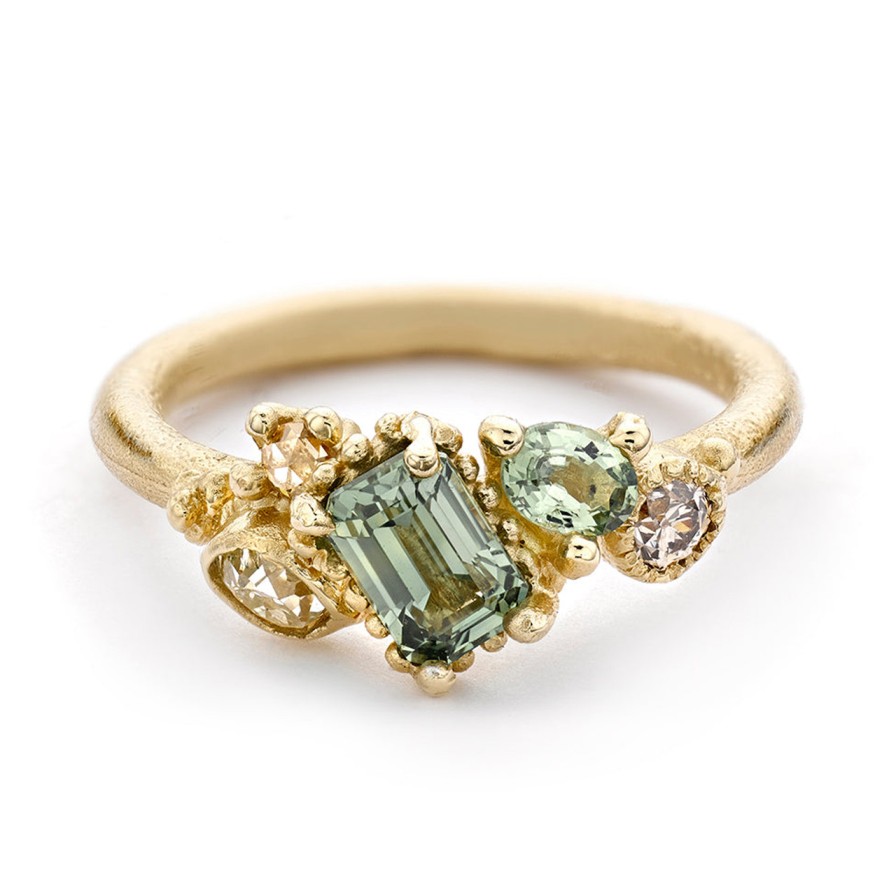 Rings Tomfoolery London | Emerald Cut Green Sapphire Asymmetric Cluster Ring