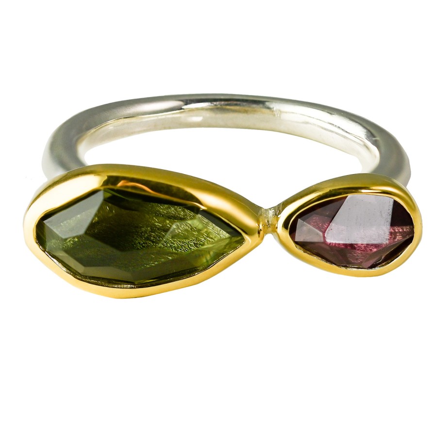 Rings Tomfoolery London | Green Amethyst, Red Tourmaline, 18Ct Yellow Gold & Silver Ring