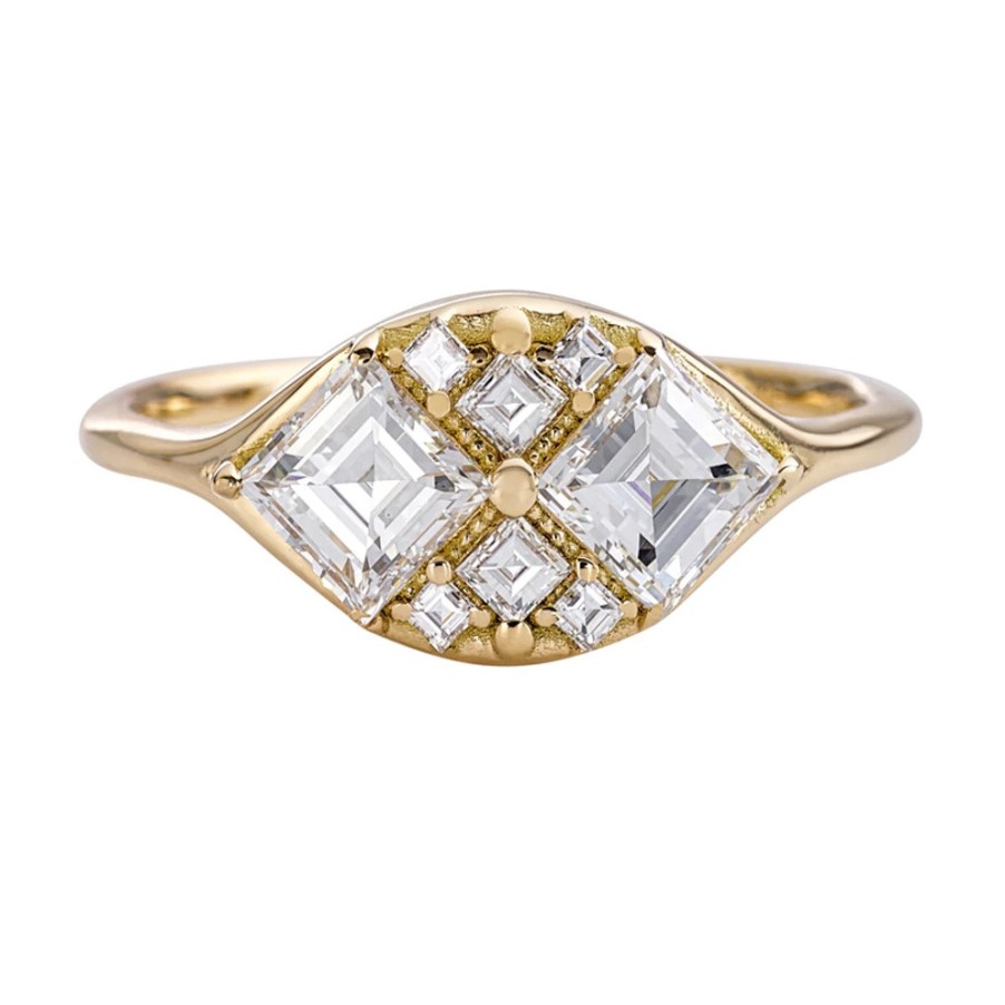 Rings Tomfoolery London | Ooak Step Cut Engagement Ring With Eight Square Diamonds In 18Ct Yellow Gold