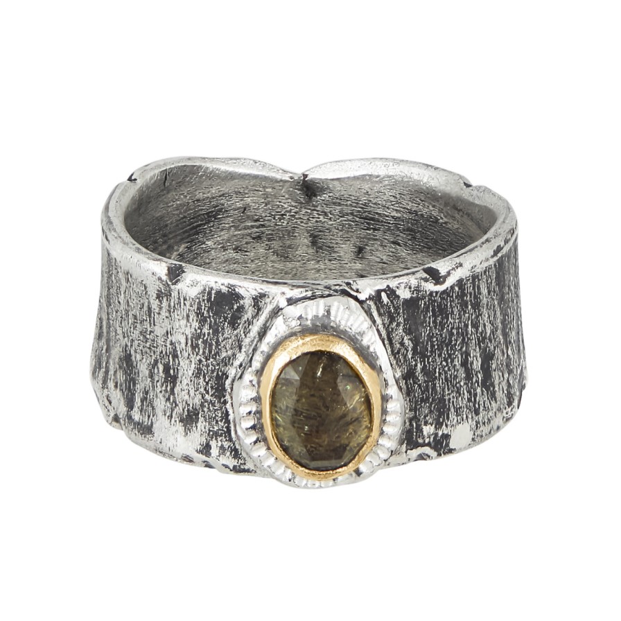 Rings Tomfoolery London | Silver & Green Tourmaline Wide Band Ring