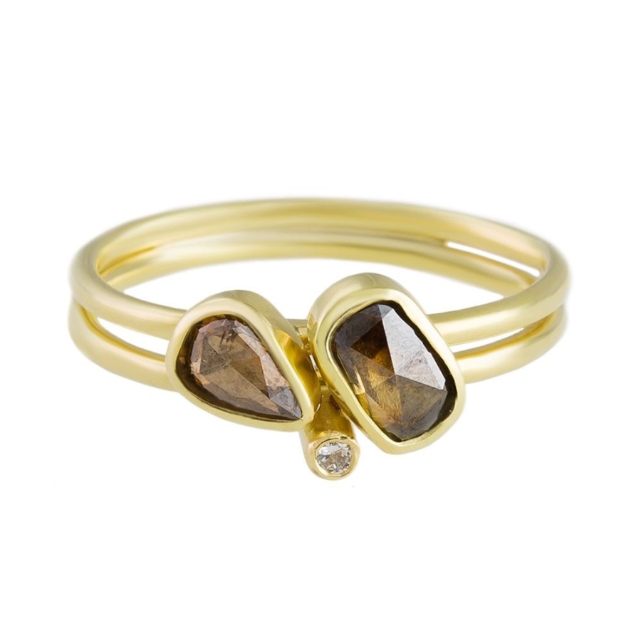 Rings Tomfoolery London | Cognac & White Diamond 18Ct Yellow Gold Double Band Ring