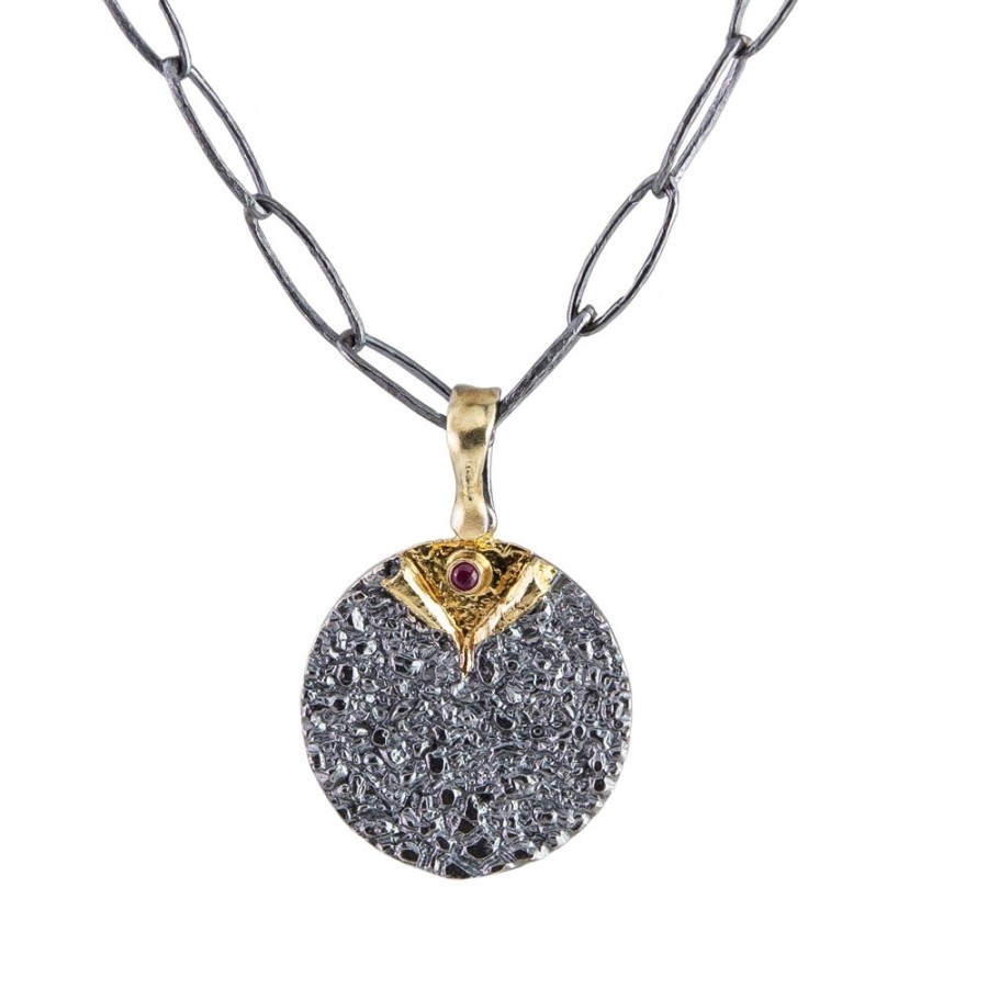 Necklaces Tomfoolery London | Oxidised Silver Textured Ruby Reveal Necklace