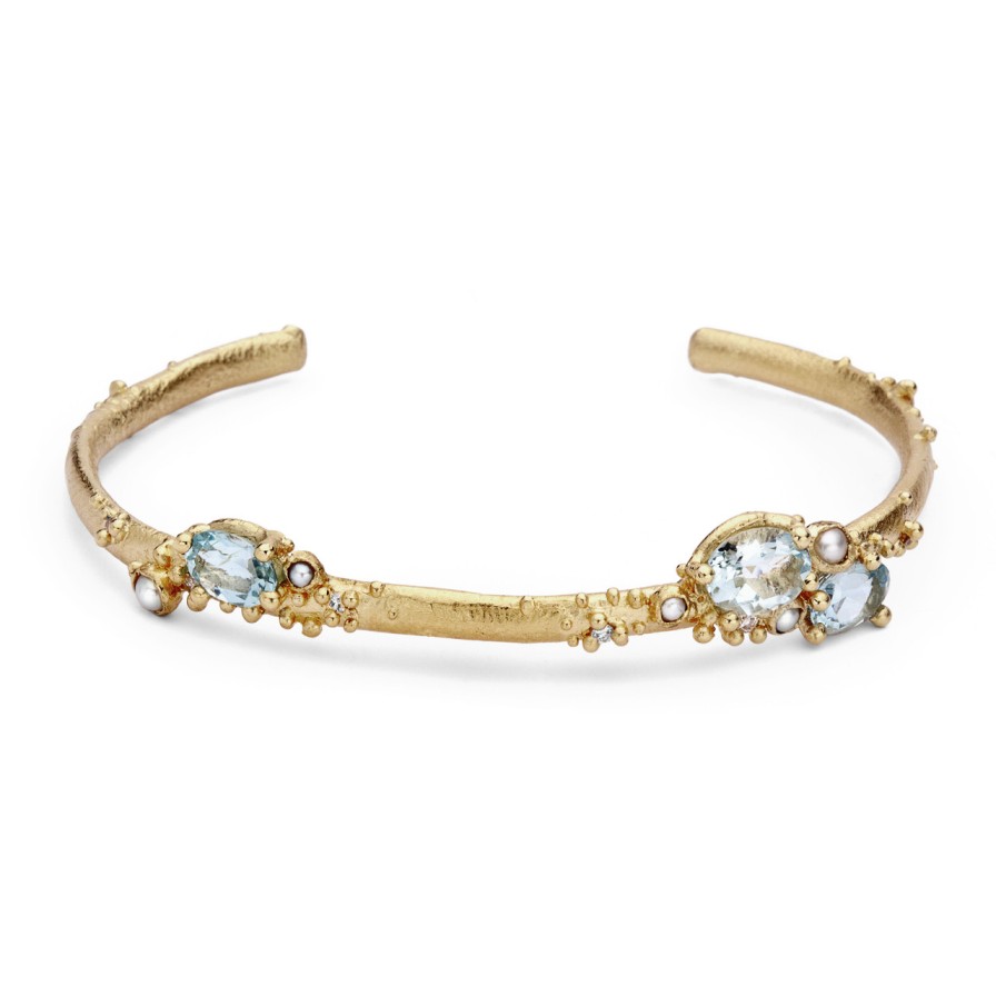 Bracelets Tomfoolery London | Aquamarine And Pearl Encrusted Cuff With Diamonds