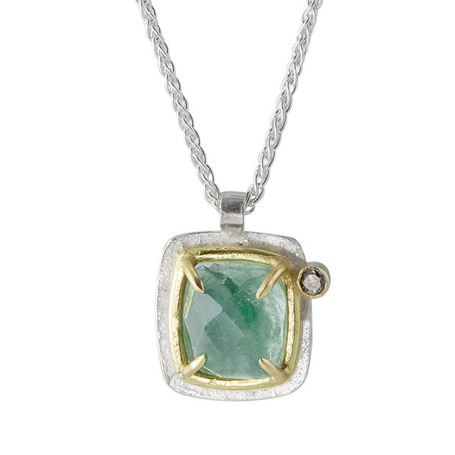 Necklaces Tomfoolery London | Cushion Tourmaline, Diamond, Gold & Silver Pendant