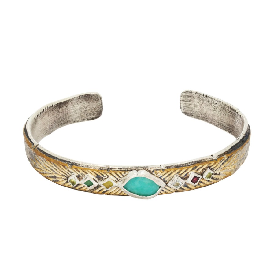 Bracelets Tomfoolery London | Bronze & Silver Cuff With Amazonite, Sapphires, Peridot, Aquamarine & Emerald