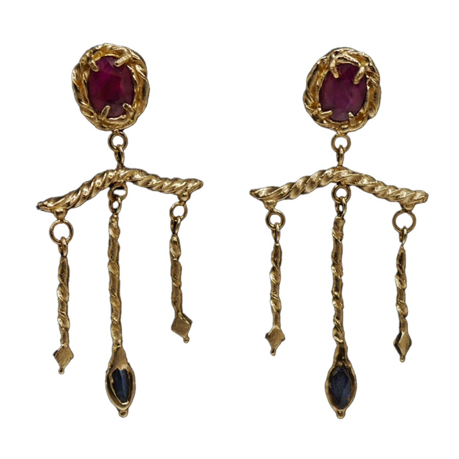 Earrings Tomfoolery London | Trident Ruby & Sapphire Drop Earrings