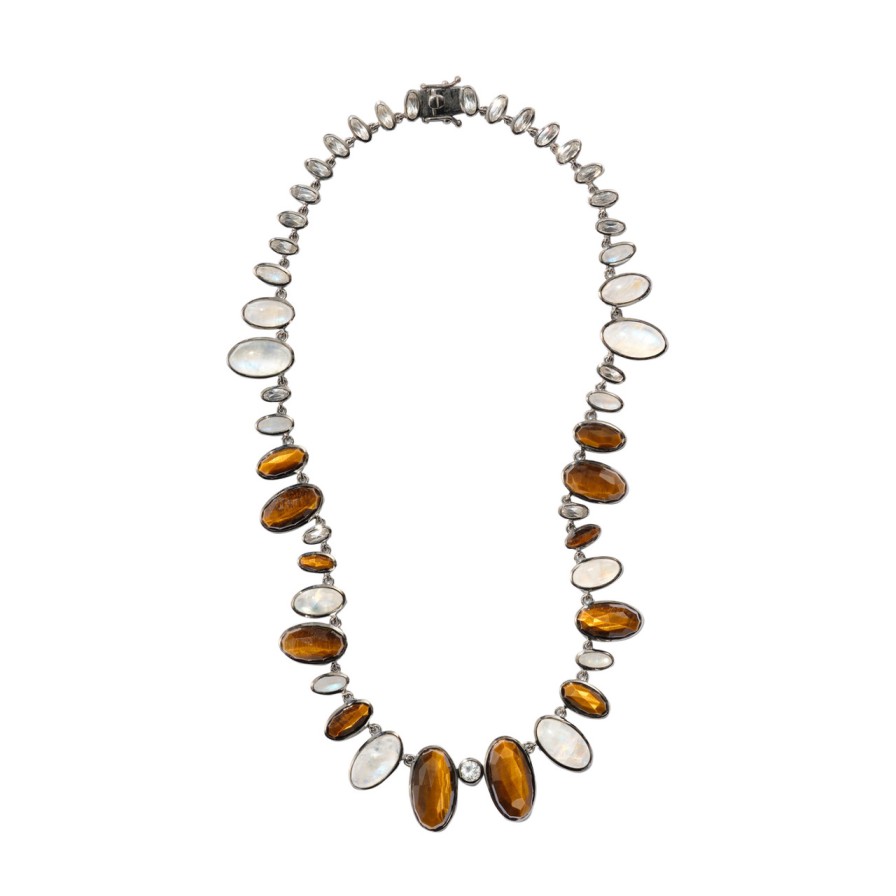 Necklaces Tomfoolery London | Tiger'S Eye, Moonstone & White Zircon Oval Link Rivi Re Necklace