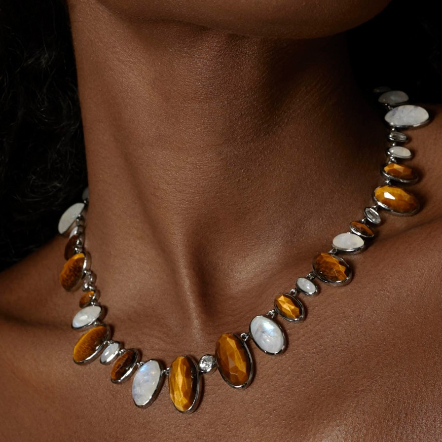 Necklaces Tomfoolery London | Tiger'S Eye, Moonstone & White Zircon Oval Link Rivi Re Necklace