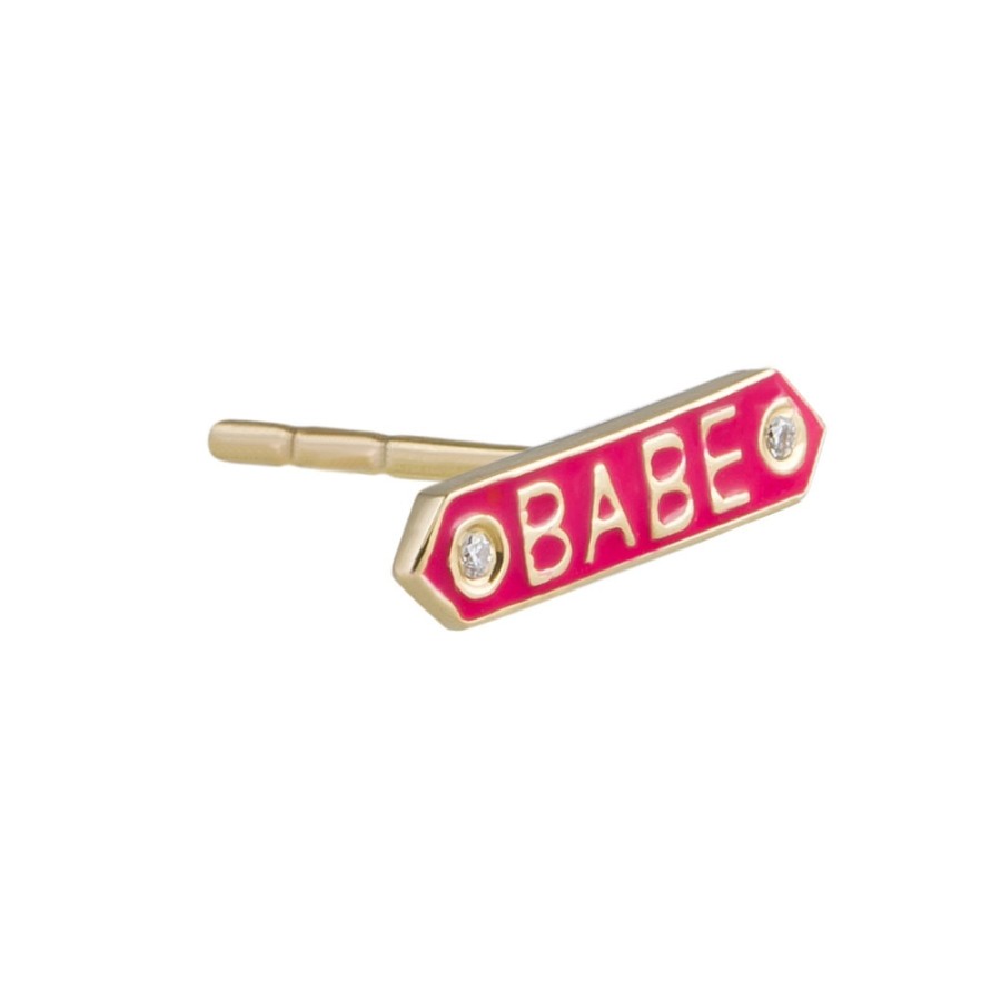 Earrings Tomfoolery London | Diamond & Enamel 14Ct Yellow Gold 'Babe' Single Stud