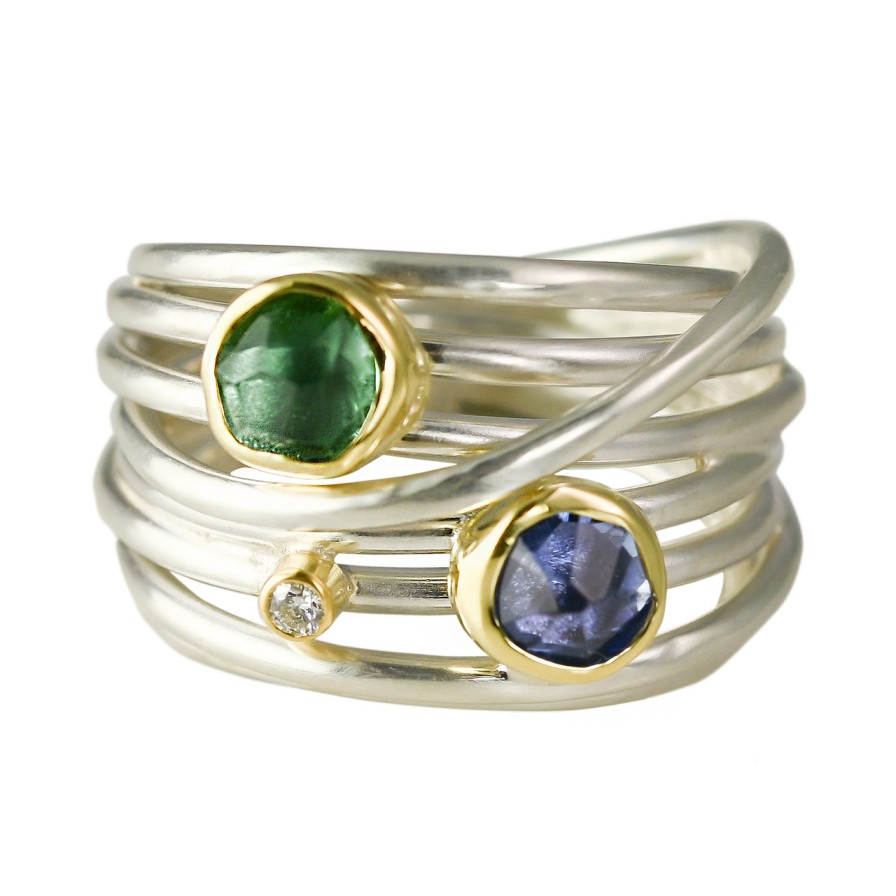 Rings Tomfoolery London | Green Amethyst, Tanzanite, Diamond, 18Ct Yellow Gold & Silver Wide Wrap Ring