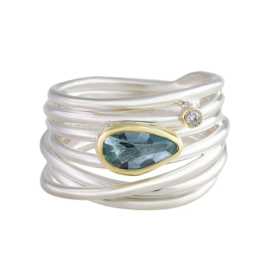 Rings Tomfoolery London | Aquamarine & Diamond 18Ct Yellow Gold & Silver Wide Wrap Ring