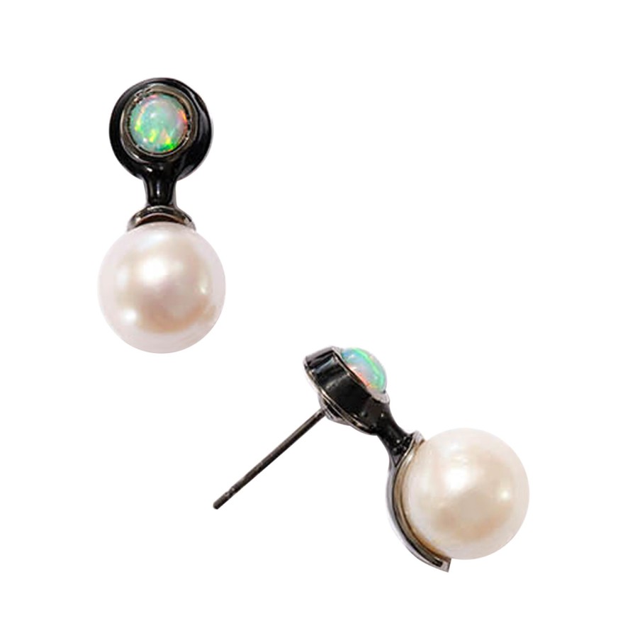 Earrings Tomfoolery London | Ethiopian Opal & Pearl Mini Drop Earrings