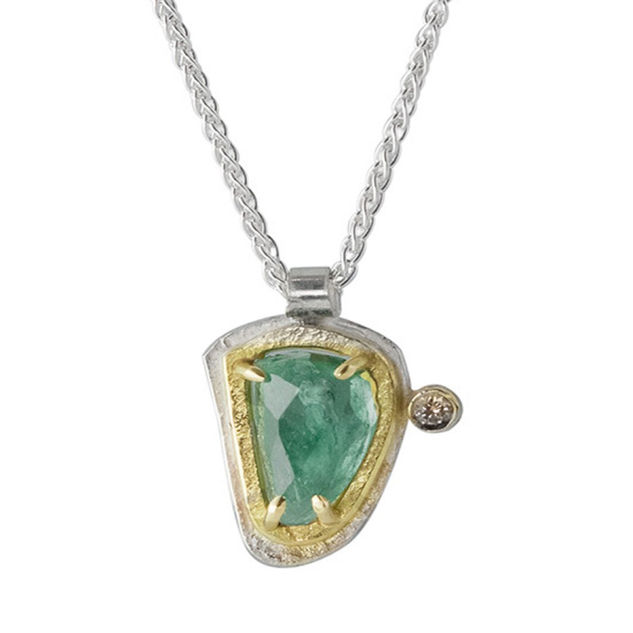 Necklaces Tomfoolery London | Irregular Triangle Tourmaline, Diamond, Gold & Silver Pendant